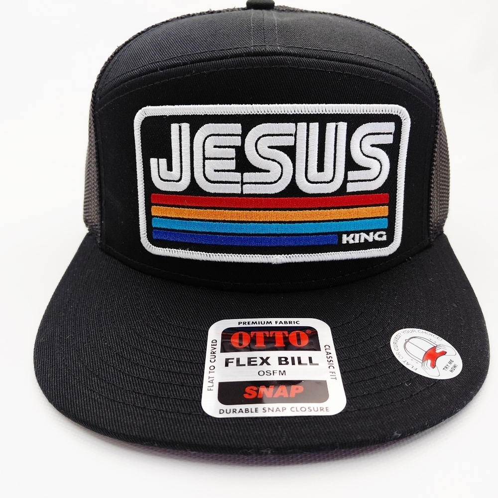 Jesus Patch 7 Panel Flat Bill Trucker Mesh Snapback Cap Black